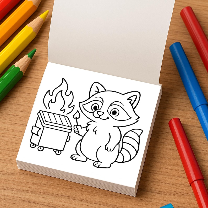 May include: A white notepad with a black and white cartoon raccoon holding a match next to a burning trash can. The notepad is open, and colored pencils and markers are in the background.