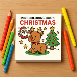 A mini coloring book titled Christmas shows a cover illustration of Santa Claus, a reindeer with a bell collar, and a decorated Christmas tree.