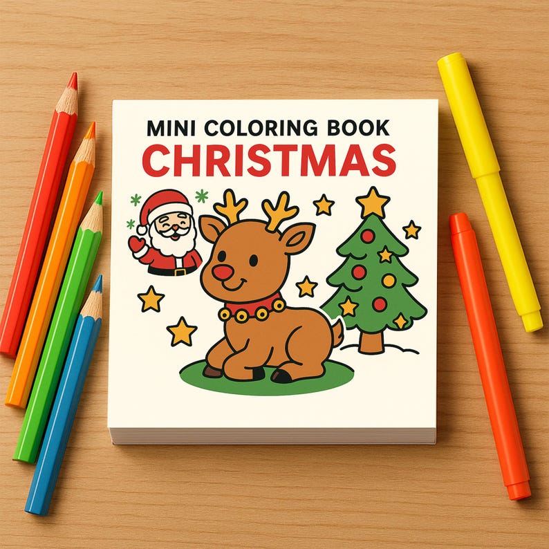 A mini coloring book titled Christmas shows a cover illustration of Santa Claus, a reindeer with a bell collar, and a decorated Christmas tree.