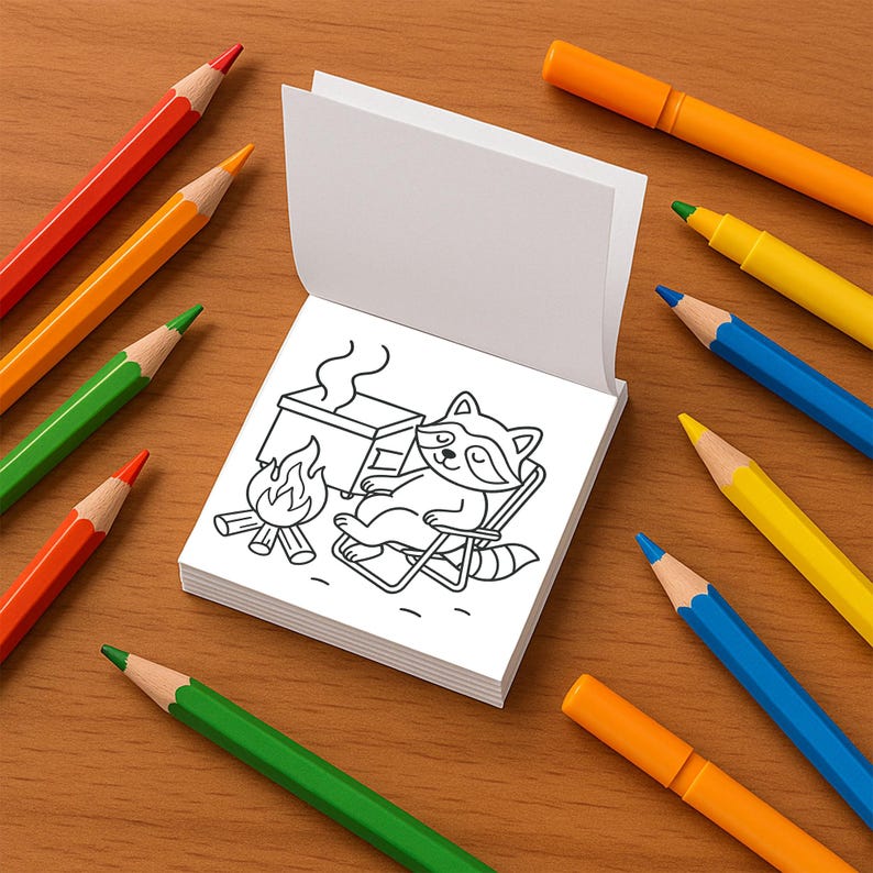 May include: A small coloring book with a raccoon illustration, surrounded by colorful pencils and markers. The raccoon is relaxing in a chair by a campfire. The pencils and markers are red, orange, green, yellow, and blue.