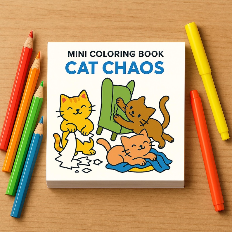 A mini coloring book titled Cat Chaos features a cartoon cat tearing paper, a cat scratching a chair, and a cat lounging on a blue mat.