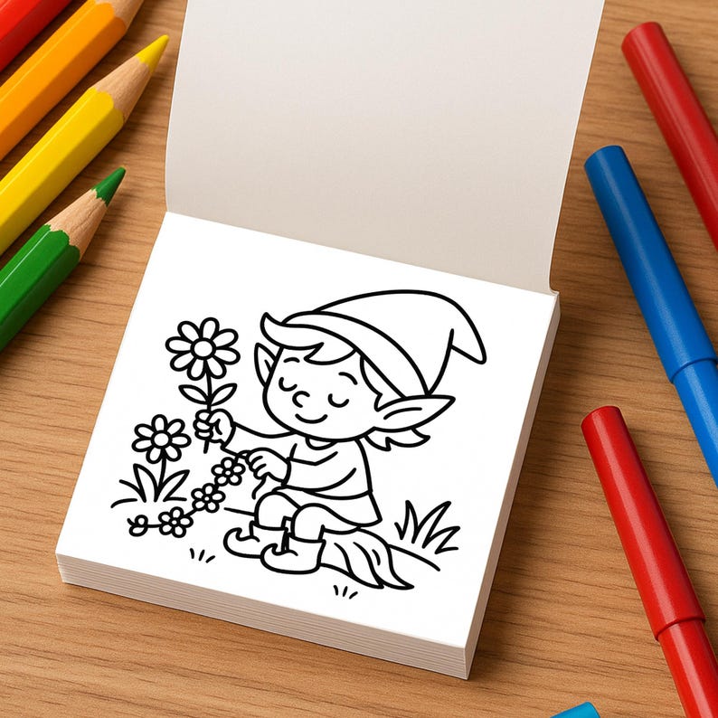 A small coloring book page showing a cartoon elf picking flowers, positioned next to colored pencils and markers on a wooden table.