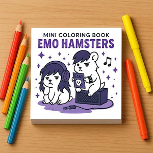 A mini coloring book titled Emo Hamsters features an illustration of two emo hamsters with side-swept bangs sitting on a speaker near a band poster.