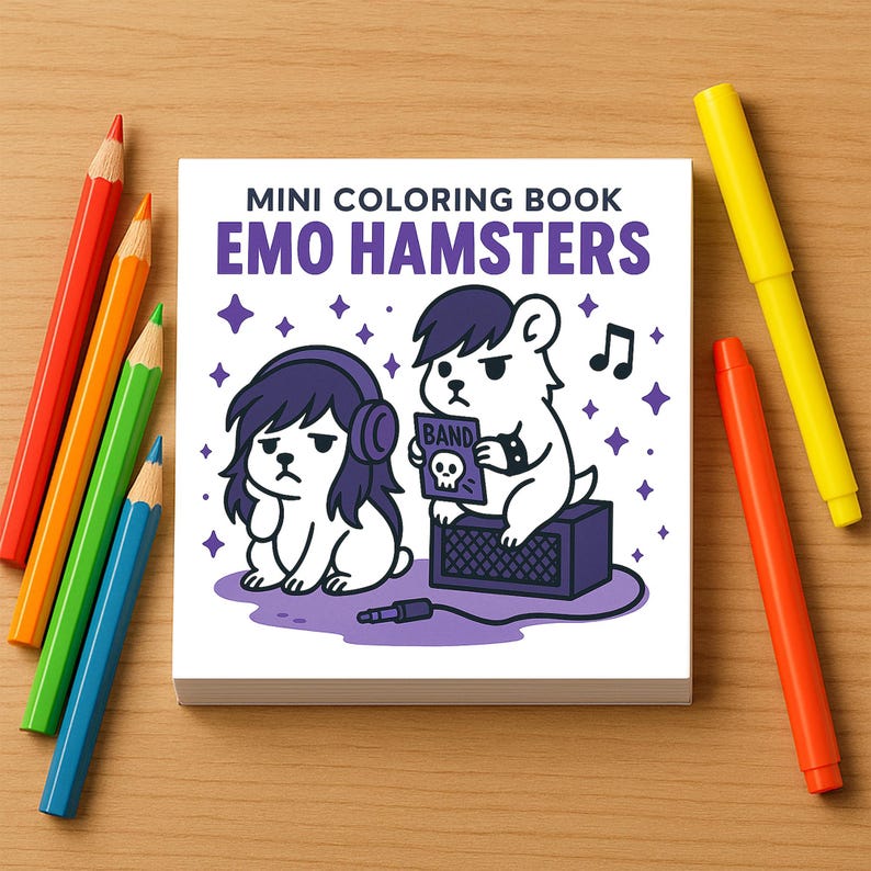 A mini coloring book titled Emo Hamsters features an illustration of two emo hamsters with side-swept bangs sitting on a speaker near a band poster.