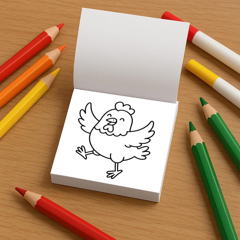 May include: A white flipbook with a black and white cartoon chicken illustration, surrounded by red, orange, yellow, and green colored pencils and markers. The chicken is drawn with its wings spread and a happy expression.