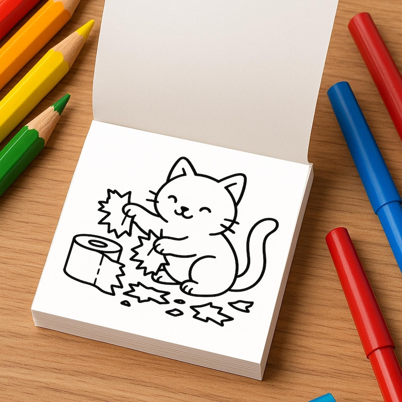 An open mini coloring book page shows a black and white line drawing of a cat unrolling toilet paper.