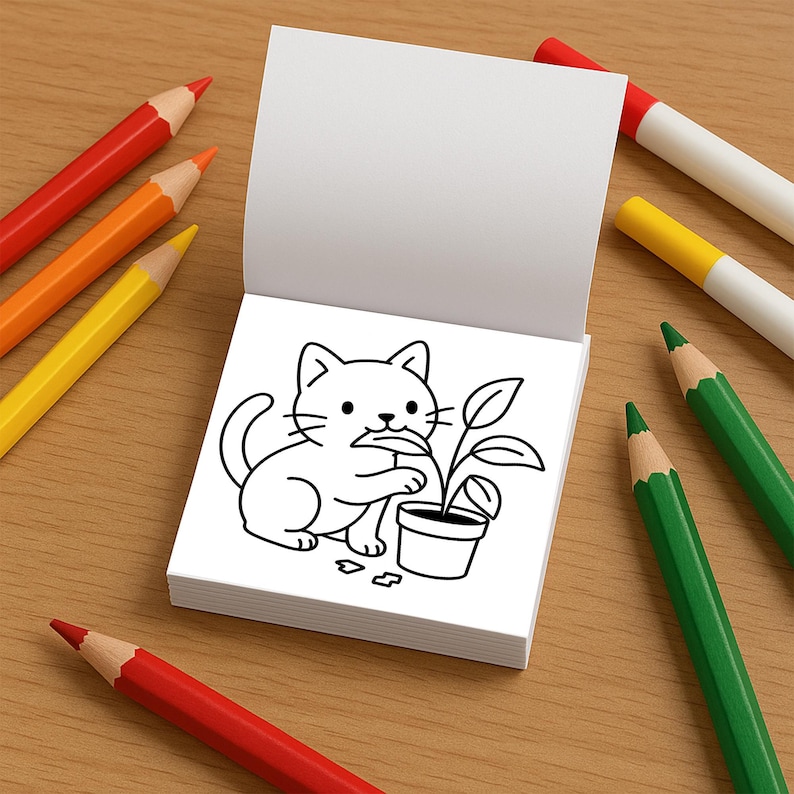 An open mini coloring book displays a black and white outline of a cat nibbling on a potted plant.