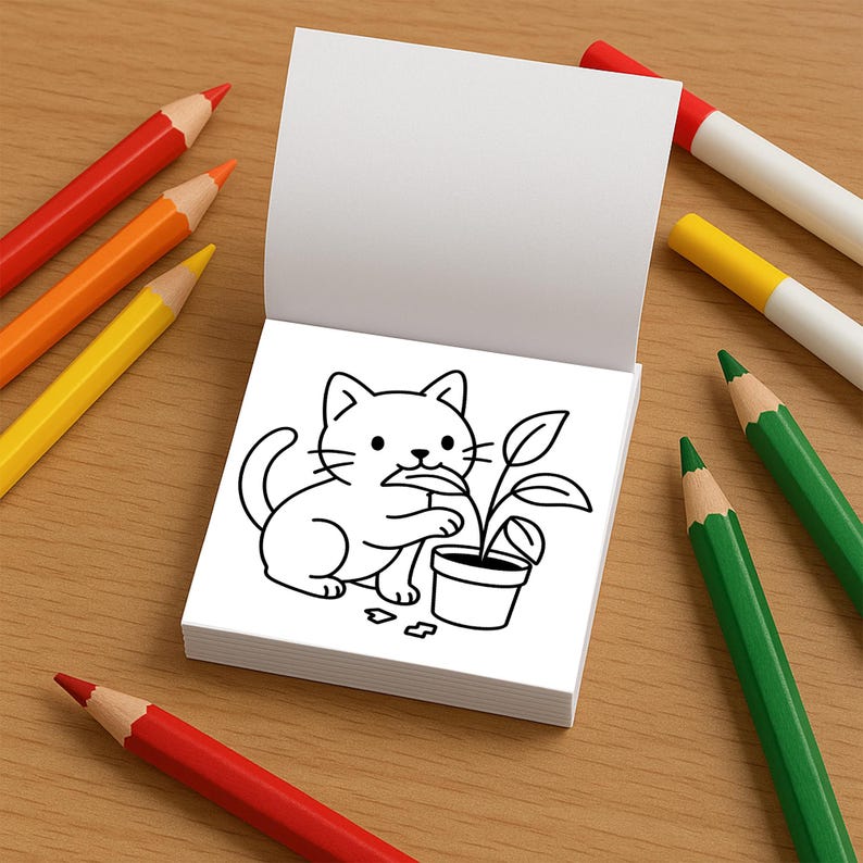 An open mini coloring book displays a line-art illustration of a cute cat nibbling on the leaf of a potted houseplant.