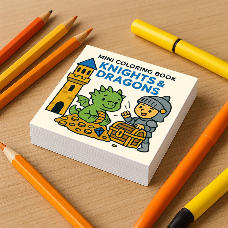 A mini coloring book titled Knights and Dragons displays a cover illustration of a knight opening a treasure chest next to a friendly baby dragon sitting on gems near a tower.