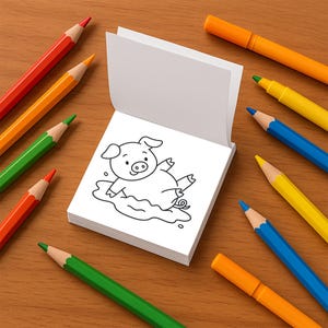 May include: A coloring book with a cartoon pig illustration, surrounded by colorful pencils and markers. The pencils are red, orange, green, yellow, and blue. The markers are orange and yellow. The background is a wooden surface.