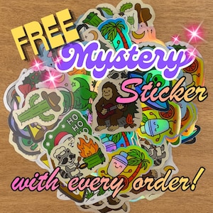 A large pile of colorful stickers featuring various designs like cacti, animals, and cartoon characters, overlaid with the text FREE Mystery Sticker with every order!
