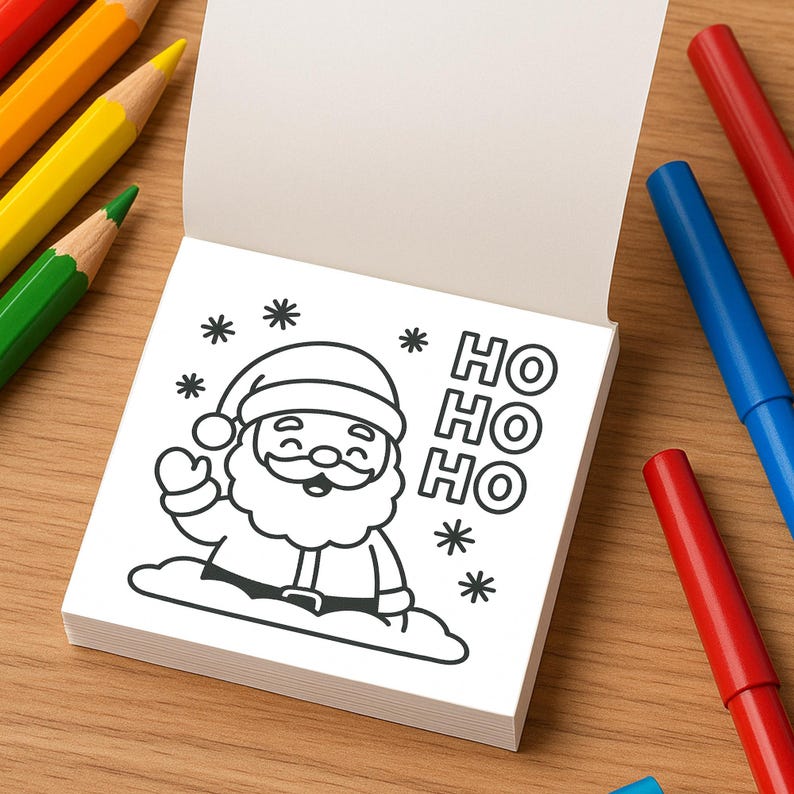 A small coloring book page featuring a cartoon Santa Claus and the text HOHOHO, surrounded by colored pencils on a wooden surface.