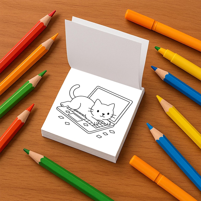 An open mini coloring book page features a black and white illustration of a cat lying on a laptop.