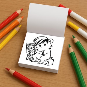 An open mini coloring book reveals a line-art page showing an emo hamster reading a magazine titled Bands with skull icons.