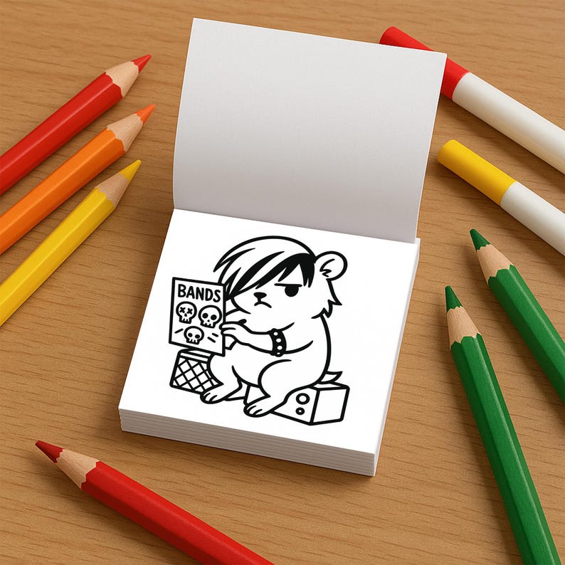 An open mini coloring book reveals a line-art page showing an emo hamster reading a magazine titled Bands with skull icons.