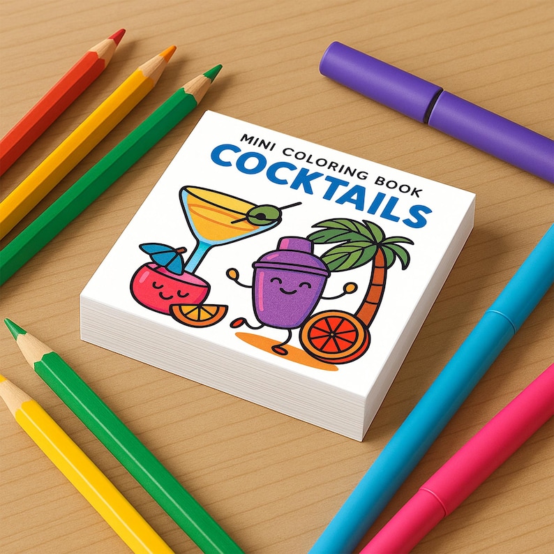 A mini coloring book titled Cocktails displays a cover with cartoon illustrations of a martini glass with an olive, a cocktail shaker with a palm tree, and a drink with an umbrella.