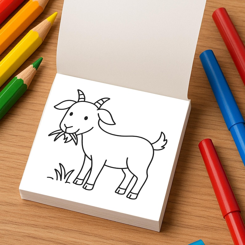 May include: A white notepad with a black line drawing of a goat eating grass. The notepad is open, revealing the drawing. Colored pencils and markers in red, blue, yellow, and green are scattered around the notepad on a wooden surface.