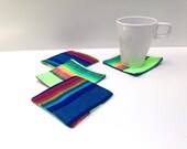 Reversible Mexican Coasters - Set of Four - Rustic Tribal - Neon green Teal Cambaya - Housewares Housewarming Wedding Gift Dining Tableware