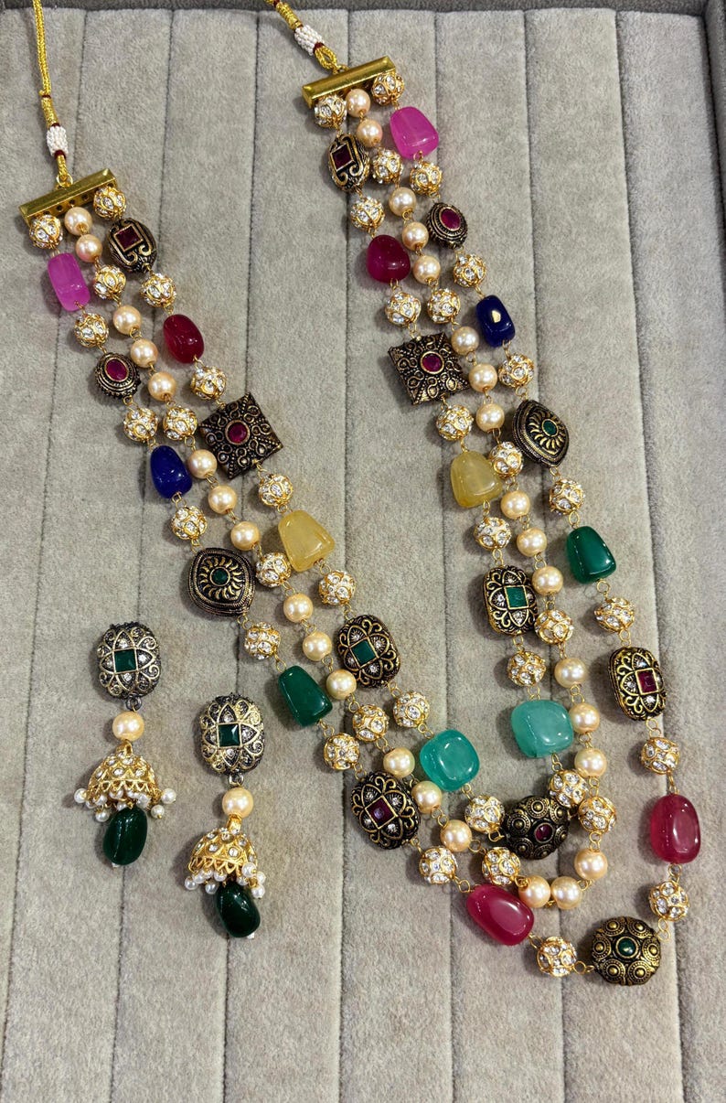 Buy Multicolor Long Beaded Necklace Set With Pearl & Kundan | Antique