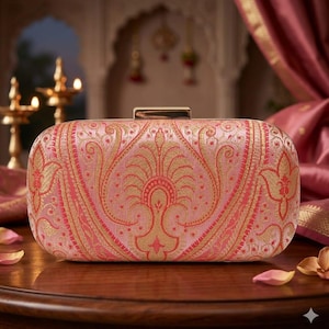 Luxus Pink Banarasi Brokat Clutch Tasche | Banarasi Gestickte Box-Clutch