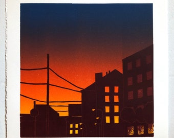 Maybe Tomorrow - Sunset Urban Landscape - 10x10 Woodblock Print