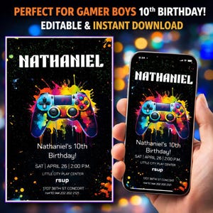 May include: A black birthday invitation with the name "NATHANIEL" in white. It features a colourful video game controller graphic and event details. The invitation is also displayed on a smartphone.