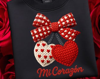 Mi Corazón gebreide sweater met hartstrik – imitatiegehaakt valentijnssweater – romantisch cadeau