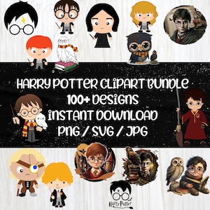 以下が含まれることがあります： ハリー・ポッターをテーマにしたクリップアートのデザイン集。画像には、ハリー・ポッターシリーズのキャラクター、フクロウ、その他の要素のさまざまな漫画イラストが描かれています。画像には「HARRY POTTER CLIPART BUNDLE 100+ DESIGNS INSTANT DOWNLOAD PNG / SVG / JPG」と書かれています。