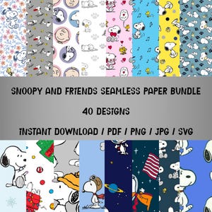 以下が含まれることがあります： スヌーピーと仲間たちのシームレスペーパーデザインのコレクション。画像には、スヌーピーや他のキャラクターが登場する様々なパターンが表示され、花柄、音符、足跡などが含まれています。「Snoopy and Friends Seamless Paper Bundle」と「40 Designs」と書かれています。
