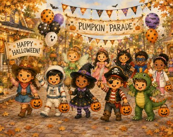Printbaar Halloweenfeestpakket | Pompoenparade | Halloweenfeest | Uitnodigingen, spelletjes en feestdecoraties