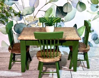 Miniature Green Farmhouse Dollhouse Dining Set