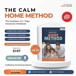 Puede incluir: Un libro titulado "The Calm Home Method" con una familia en la portada. La portada presenta el título en naranja y azul, con el nombre del autor. Texto adicional incluye "Screen Free Alternatives" y "Age Specific Guidelines."