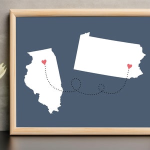 State to State Karte Kunstdruck. Zustand Karte zum Ausdrucken. Landkarte Druck. Verbindende Herzen Karte. Karte Geschenk. Zustand Kunst. Geschenk für Paare. Individuell