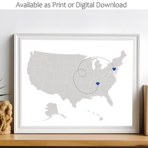 Zustand Karte Print. Kunstdruck von US-State to State Karte. Herz über Städte. Personalisierte Karte Geschenk. Zustand Art druckbar. USA Zeichen. Große Distanz. Beweglich.