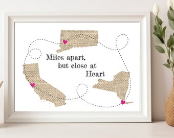 Burlap 3 States. Miles Apart but Close At Heart. State Print. State Map Print. State to State Art. Long Distance Gift. Gift for Family.