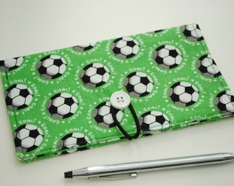 READY to SHIP - Soccer Checkbook Cover - with Closure. Fabric Checkbook Cover. Checkbook Wallet. Gift for her.