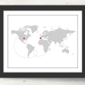 Weltkarte. Welt Druck. Herz zu Herz Ländern. Große Distanz. Abschied Geschenk. Entfernung Karte. Geschenk für Paare. Zustandskarte. Zustand bedruckbar.