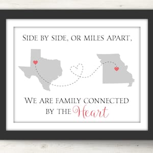 Impression d'art de carte d'état. Côte à côte ou à des kilomètres de distance. Art d'État imprimable. Cadeau interurbain. Cadeau personnalisé. Cadeau de Noël pour la famille.