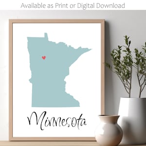 Landkarte von Minnesota. Zustand. Zustand Wall Art Print. Herz über Stadt. Personalisiertes Geschenk. Landkarte. Einweihungsgeschenk. Landhaus