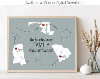 3 States. The Love Between Family. State Art Print. State Map Print. State to State Art. Long Distance Gift. Gift for Family. Going Away