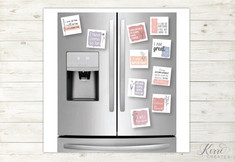 May include: A set of 10 motivational quote refrigerator magnets with floral accents. The magnets are printed on white paper with a pink, blue, and gray watercolor background. The quotes include "I can do this, I will do this, I am doing this", "I have come so far", "I am capable of doing hard things", "I am important", "I am great", "Every accomplishment starts with the decision to try", "Never give up, never give up", "I believe in myself", and "I will try again."