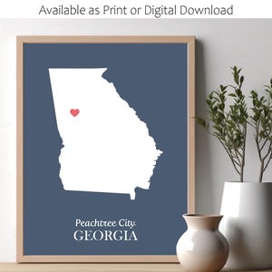 Georgia o CUALQUIER ESTADO. Mapa del estado impreso. Ciudad y estado. Corazón sobre la ciudad. Mapa artístico personalizado del estado. Regalo de inauguración de casa. Arte del estado para imprimir.