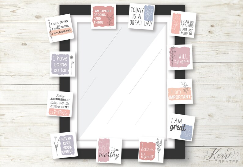 May include: A set of 12 motivational affirmation cards with floral illustrations and positive messages. The cards are printed on textured paper with a pink, blue, and gray color scheme. The cards feature phrases such as "I am capable of doing hard things", "Today is a great day", "I will try again", and "I am worthy".