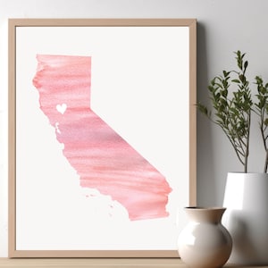 Karte von Kalifornien oder JEDEM STAAT. Muttertagsgeschenk. Aquarell Zustandskunst. Zustand Wandkunst. Herz über Stadt. Zustand Art druckbar. Neues Zuhause Geschenk.