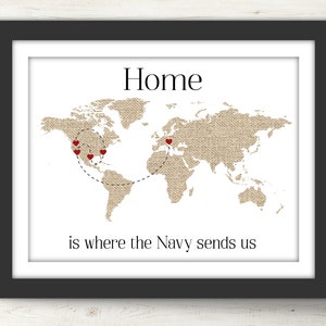 Zuhause ist, wo das Militär uns schickt. Militär Geschenk. Beliebiger Zweig. Weltkunst. Reisekarte Druck. Armee, Marine, Marines, Luftwaffe. Militär Familie