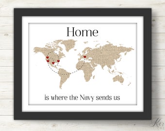 Zuhause ist, wo das Militär uns schickt. Militär Geschenk. Beliebiger Zweig. Weltkunst. Reisekarte Druck. Armee, Marine, Marines, Luftwaffe. Militär Familie