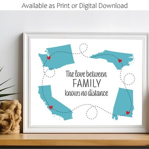 4 États. L'amour entre familles ne connaît pas de distance. Impression d'art d'État. Carte de l'État. État à État. Cadeau pour la famille. Interurbains. Partir.