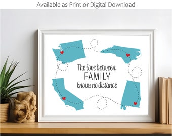4 States. The Love Between Family Knows No Distance. State Art Print. State Map. State to State. Gift for Family. Long Distance. Going Away.