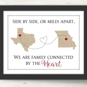Impression d’art de carte d’état. Côte à côte ou à des kilomètres l'un de l'autre. Art d’état imprimable. Cadeau longue distance. Cadeau personnalisé. Cadeau de Noël pour la famille.
