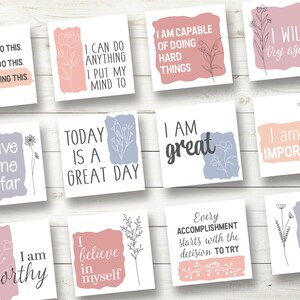 May include: A set of 10 printable affirmation cards with floral illustrations and positive messages. The cards feature a variety of colors, including pink, blue, and gray. The messages include "I can do this", "I am capable of doing hard things", "I will try again", "I have come so far", "Today is a great day", "I am great", "I am important", "I am worthy", "I believe in myself", and "Every accomplishment starts with the decision to try".